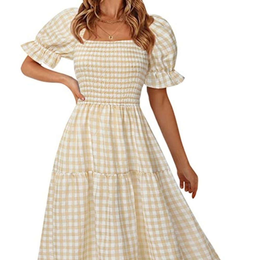 Plaid square neck midi dress